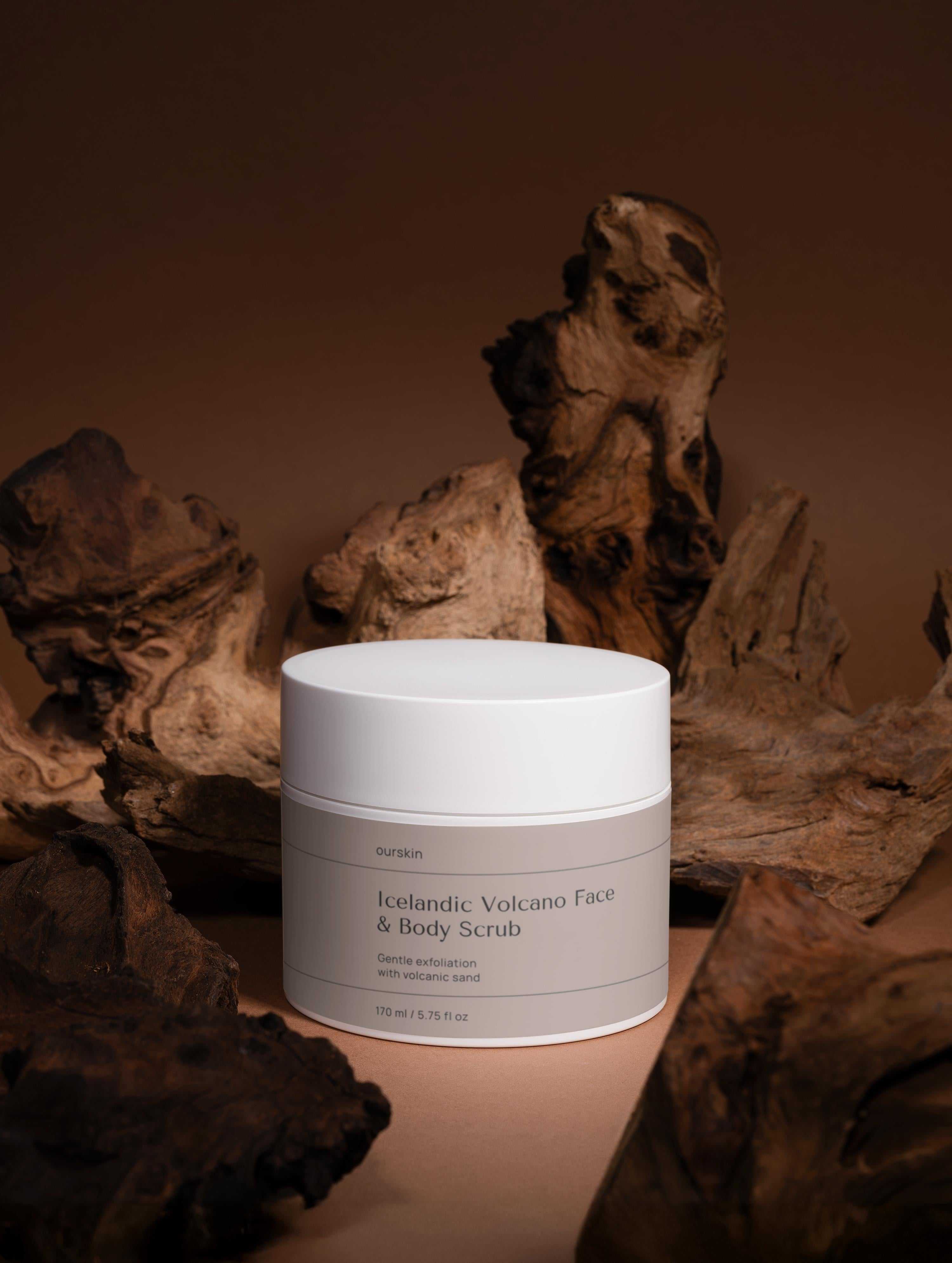 Icelandic Volcano Face & Body Scrub with volcanic sand exfoliates and smooths skin, enhancing radiance for face and body.
