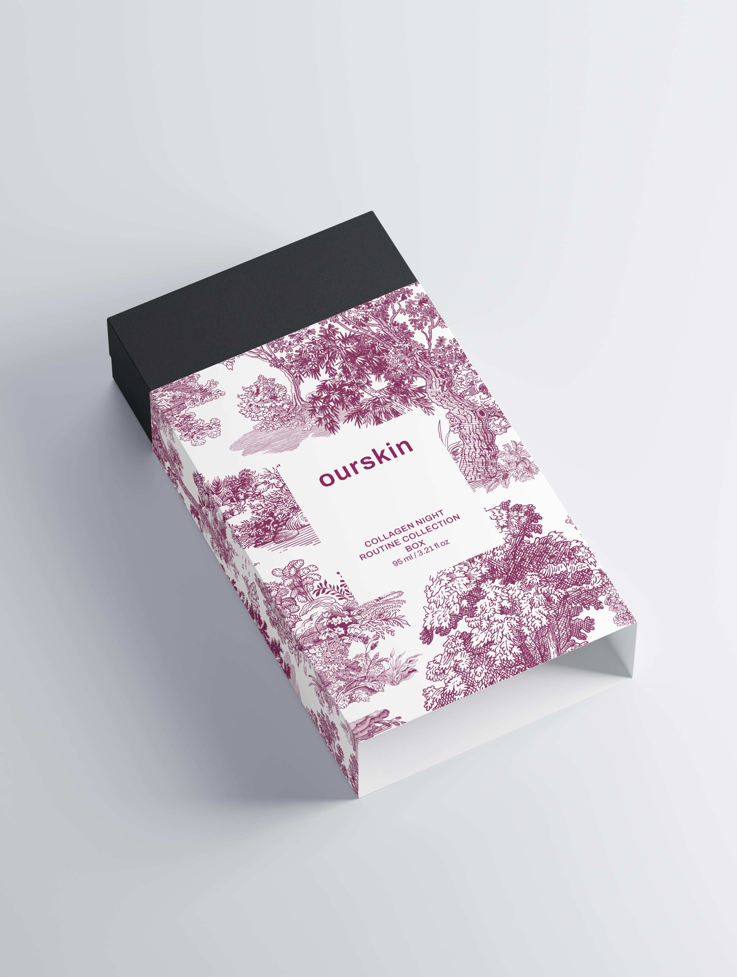 Collagen Night Routine Collection Box with anti-ageing night cream, boost serum, and eye cream in elegant black packaging