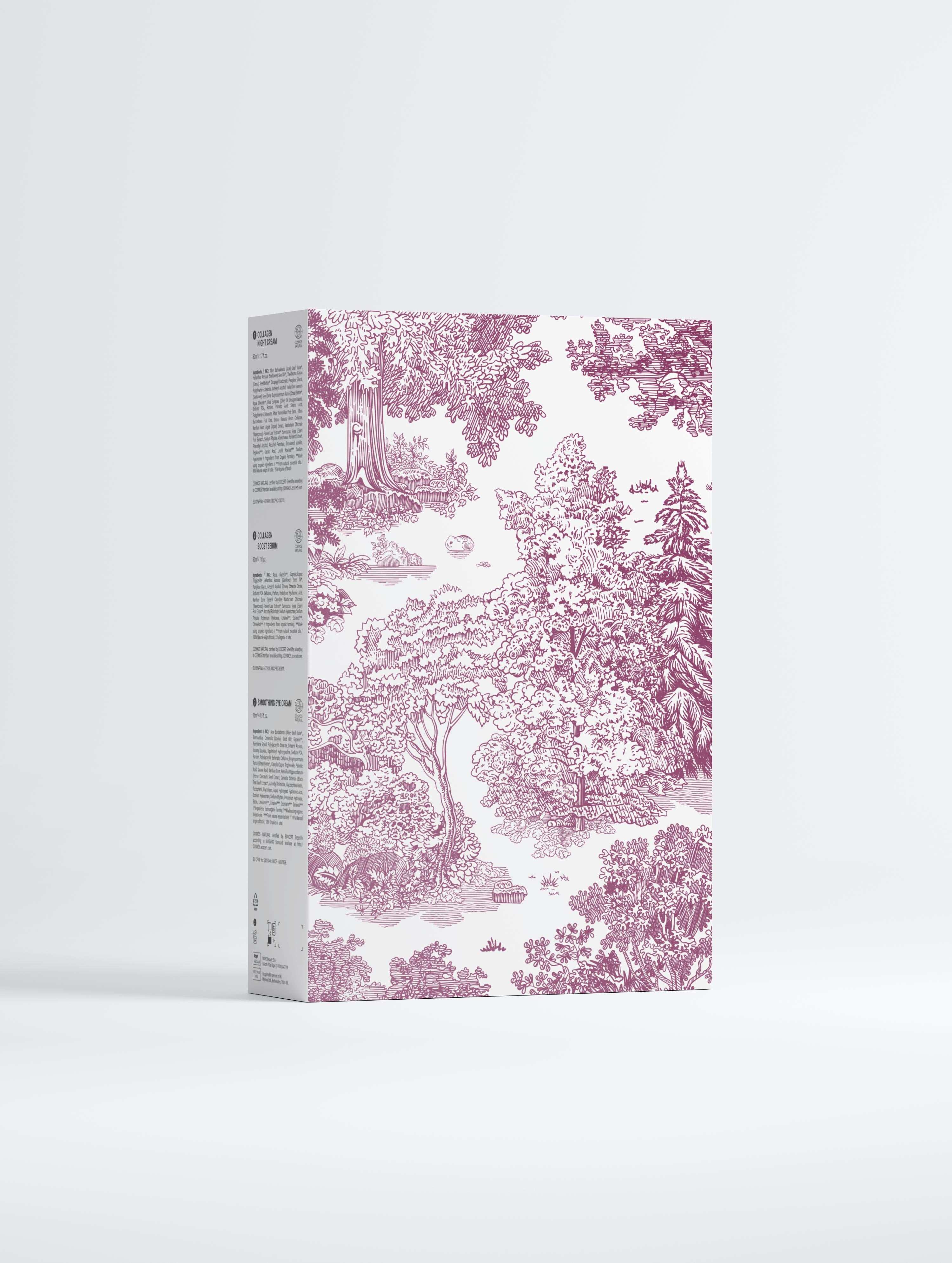 Collagen Night Routine Collection Box with anti-ageing cream, serum, and eye cream in elegant black packaging