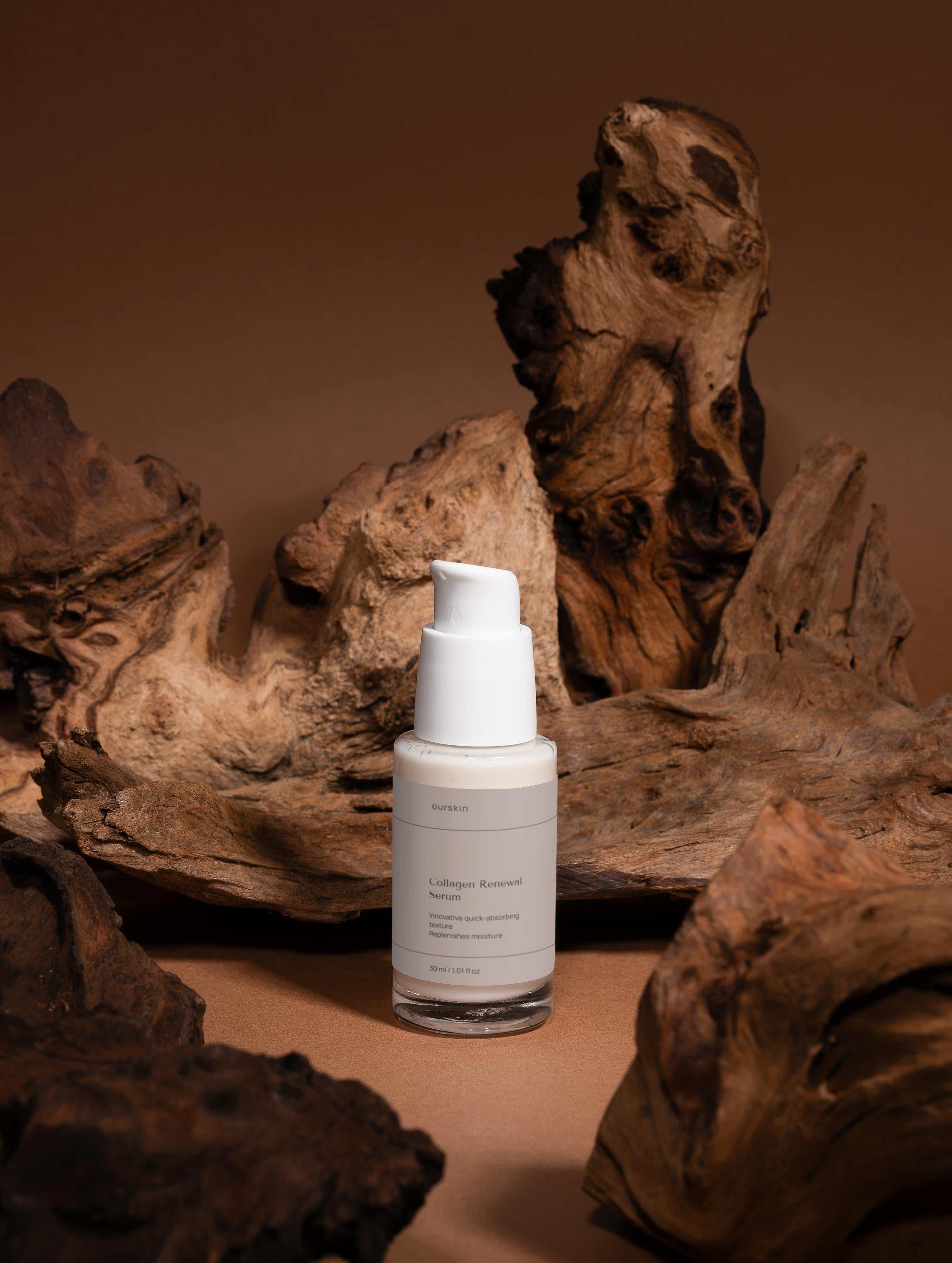 Collagen Renewal Serum bottle with hyaluronic acid and nourishing ingredients for deep hydration and firmer skin