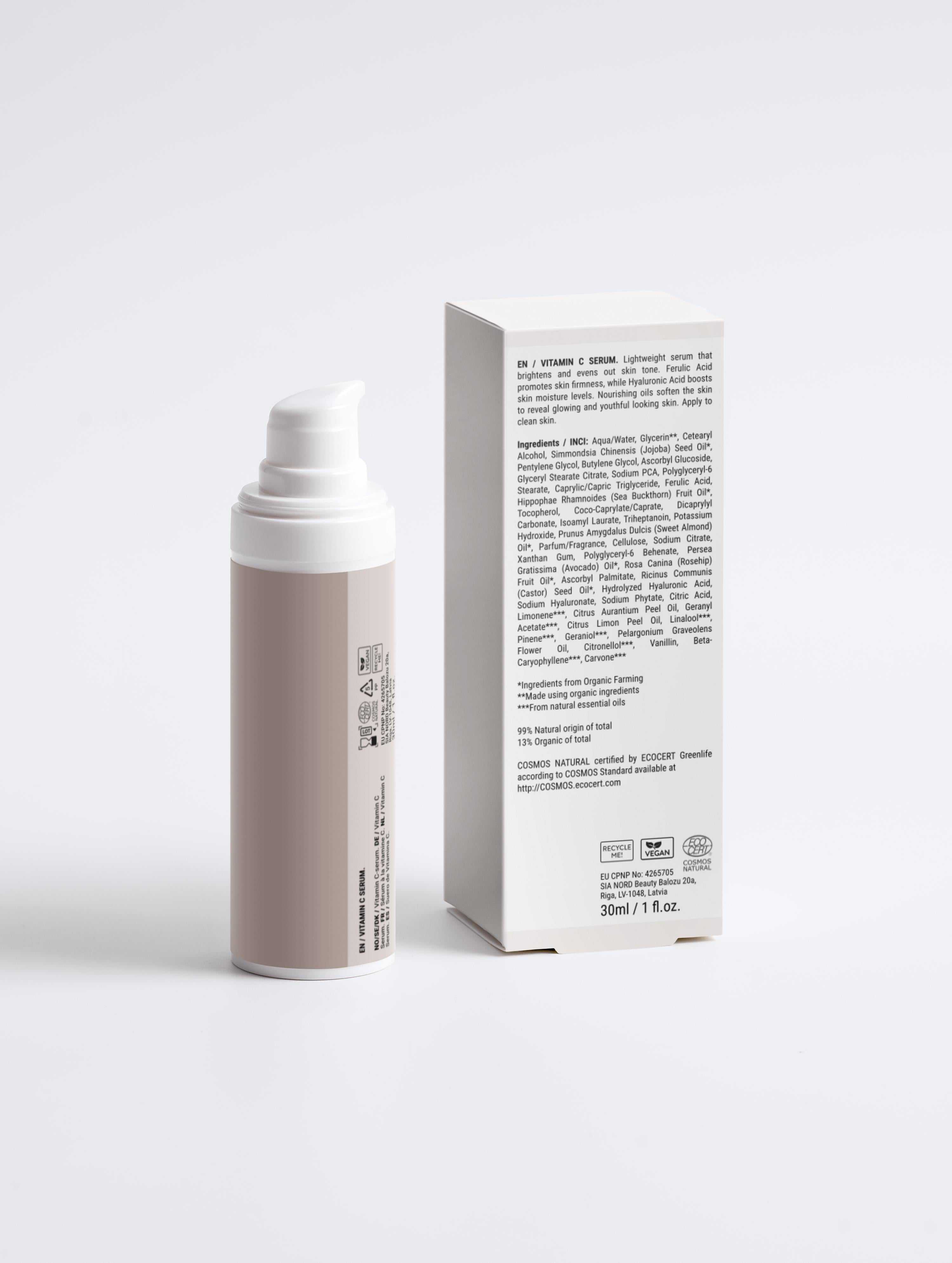 Bottle of Vitamin C serum with natural ingredients for brightening and hydrating skin